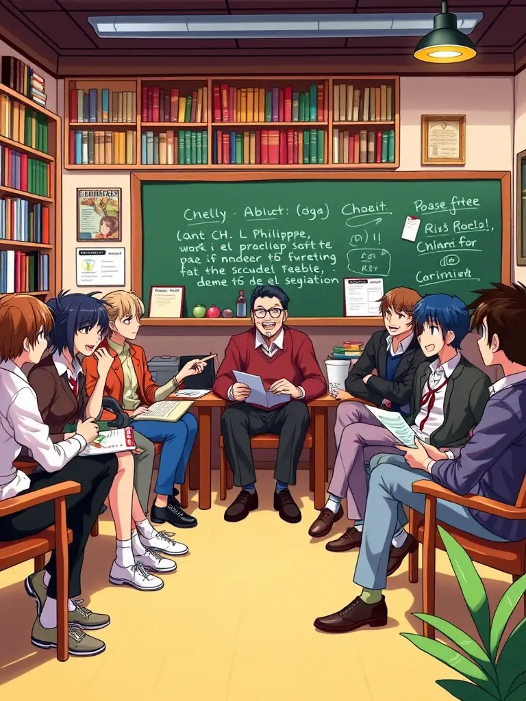 A diverse group of students and scholars engaged in a lively discussion during a literary seminar focused on CH L PHILIPPE's works, showcasing the association's educational outreach.