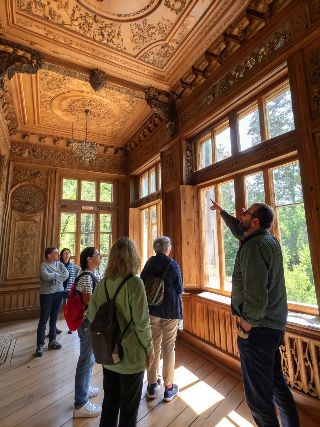 A group of people participating in a guided tour of CH L PHILIPPE's former residence, now a historical landmark, highlighting the association's efforts in cultural tourism.