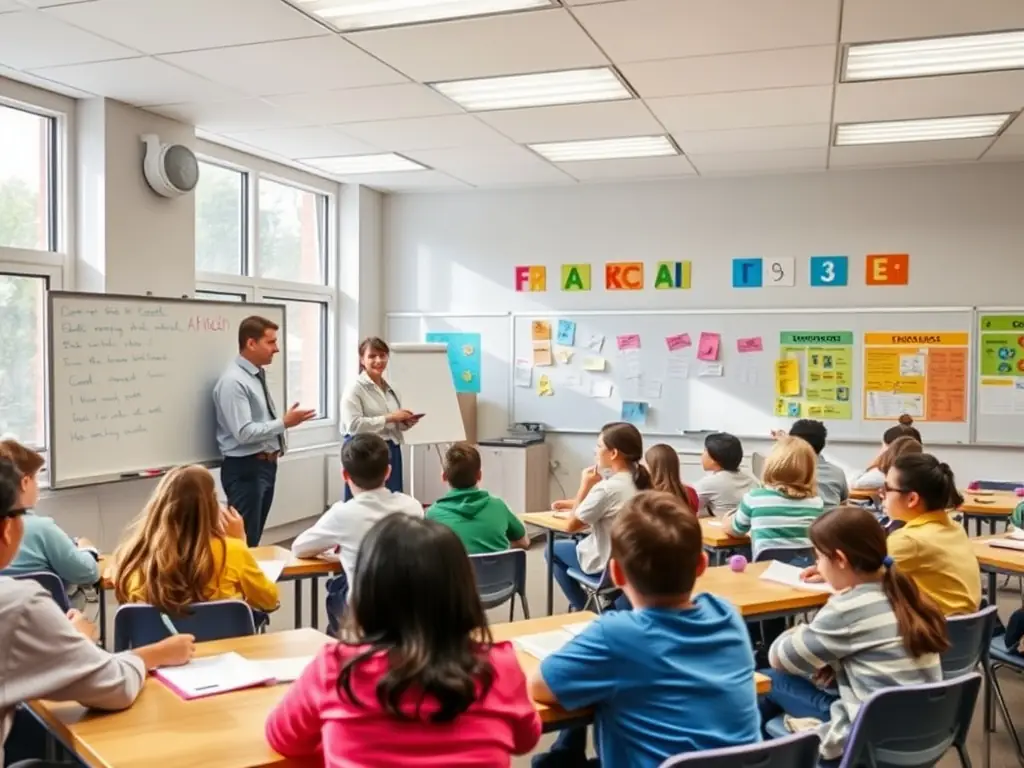 A photograph of a classroom setting where a teacher is leading a discussion about CH L PHILIPPE's book with students, highlighting the educational outreach efforts of AIAP.